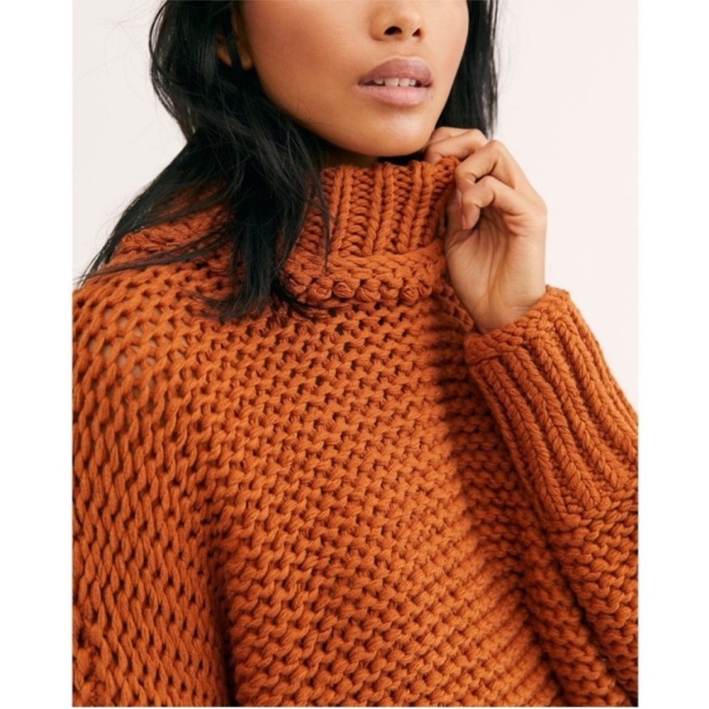 Free People My Only Sunshine Chunky Turtleneck Cropped Sweater Burnt Orange XS - Picture 3 of 13